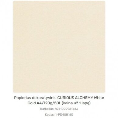 Dekoratyvinis popierius WHITE GOLD, Curious Metallics, A4, 120gsm 5