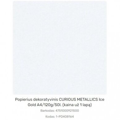 Dekoratyvinis popierius WHITE GOLD, Curious Metallics, A4, 120gsm 6