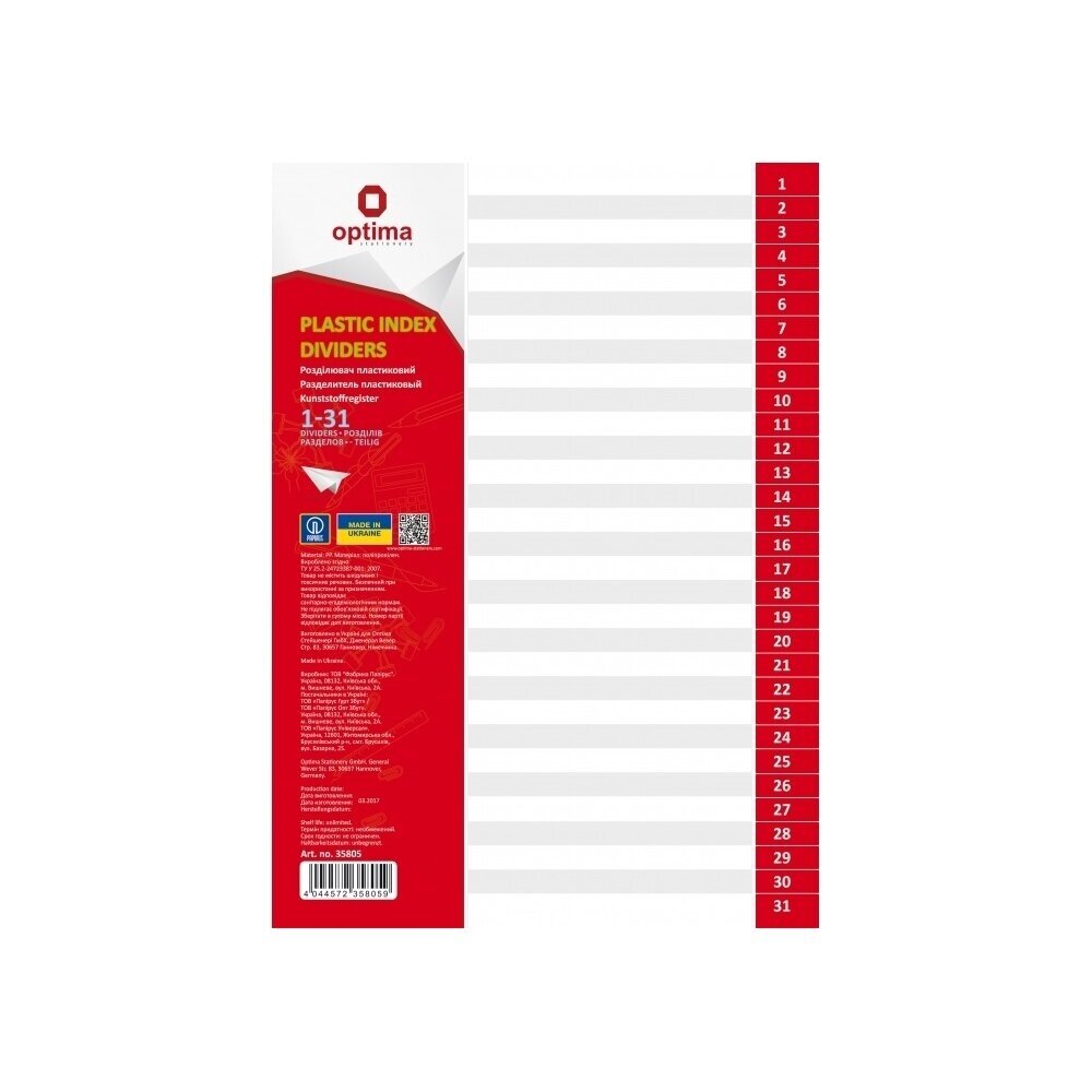 Skiriamieji lapai, OPTIMA, A4, plastikiniai, numeracija 1-31, 180mkr, pilkos sp. Skiriamieji lapai, OPTIMA, A4, plastikiniai, numeracija 1-31, 180mkr, pilkos sp.