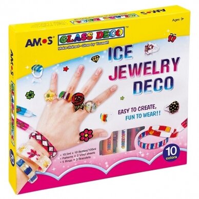 Vitražinių dažų rinkinys ICE JEWELERY, Amos, 10 spalvų po 10,5ml + 3 apyrankės + 5 žiedai